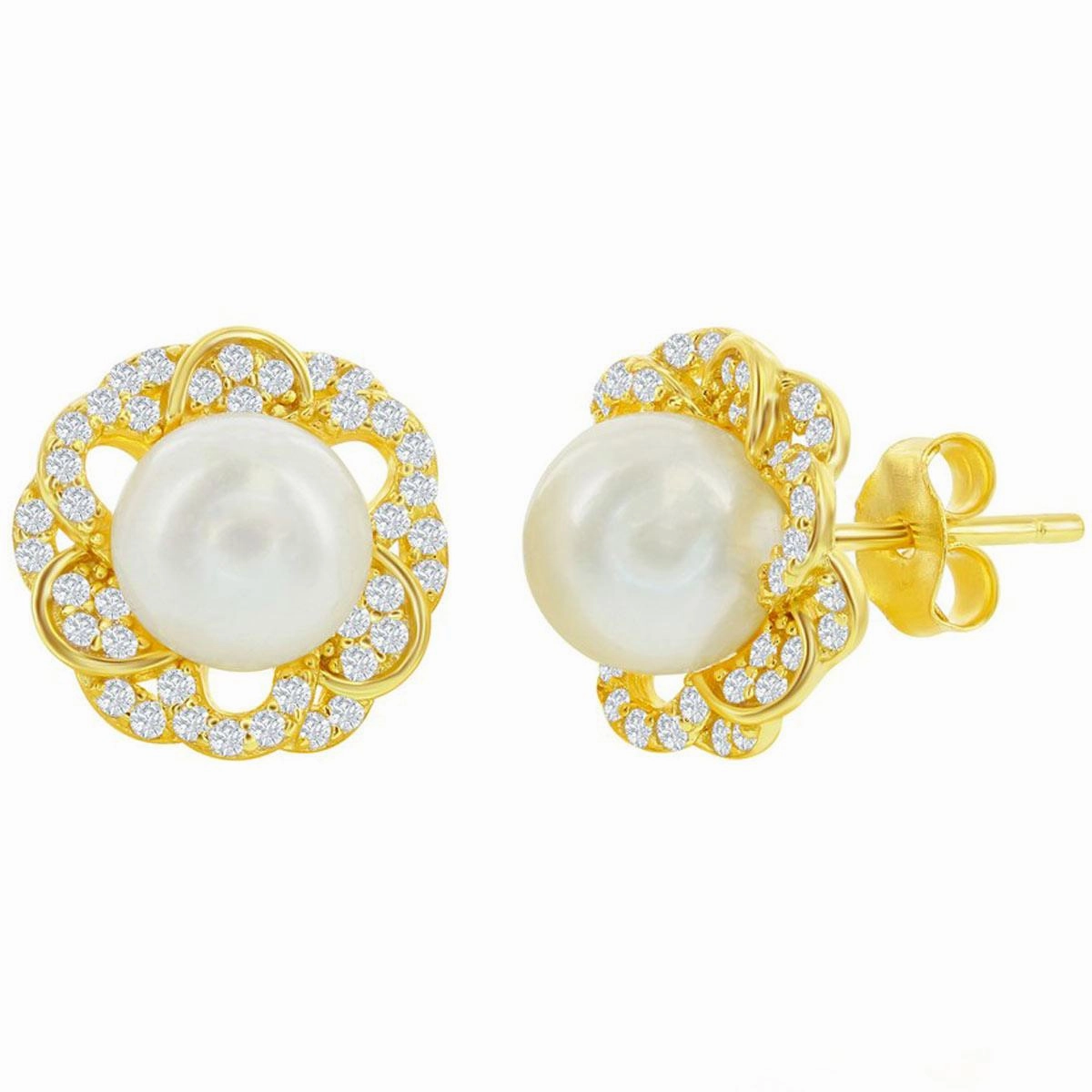 Classic Women's Earrings - Gold Plated CZ Flower with 7mm Round FWP Stud | D-8210