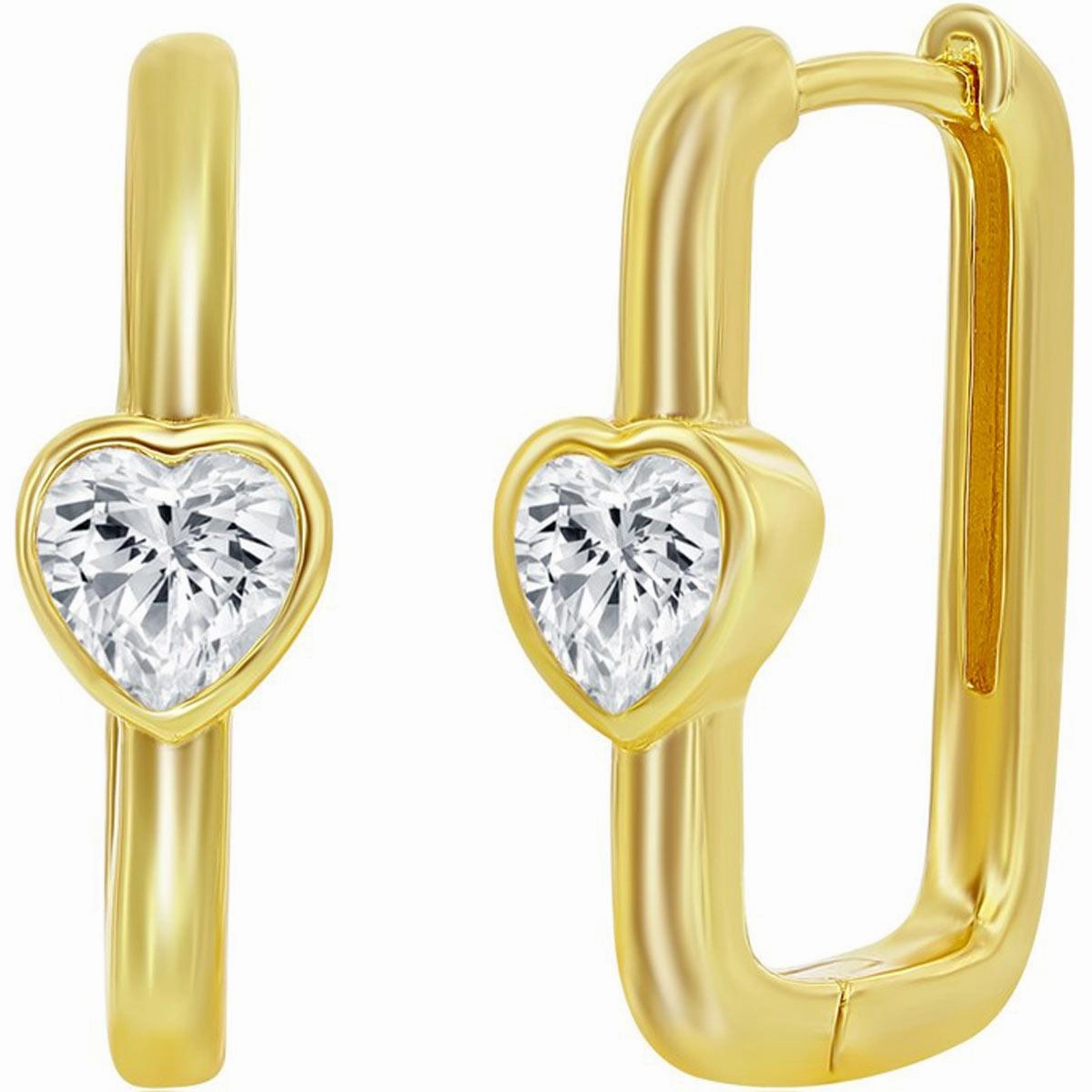 Classic Women's Earrings - Gold Plated CZ Heart Shaped Rectangle Hinged | D-8216-GP
