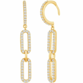 Classic Women's Earrings - Gold Plated Double Link White CZ Paperclip | D-7816-GP