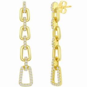 Classic Women's Earrings - Gold Plated Paperclip Design White CZ Long | D-7910-GP