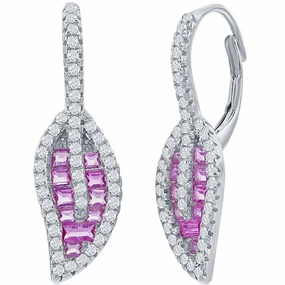 Classic Women's Earrings - Light Ruby Baguette and Round CZ Leaf Lever Back | D-8160