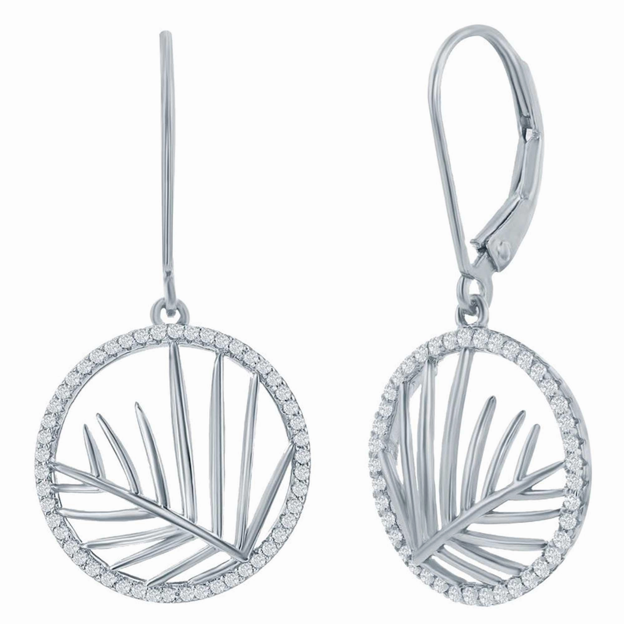 Classic Women's Earrings - Round CZ Outline with Center Cut-Out Leaf Dangle | D-8409