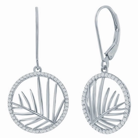 Classic Women's Earrings - Round CZ Outline with Center Cut-Out Leaf Dangle | D-8409