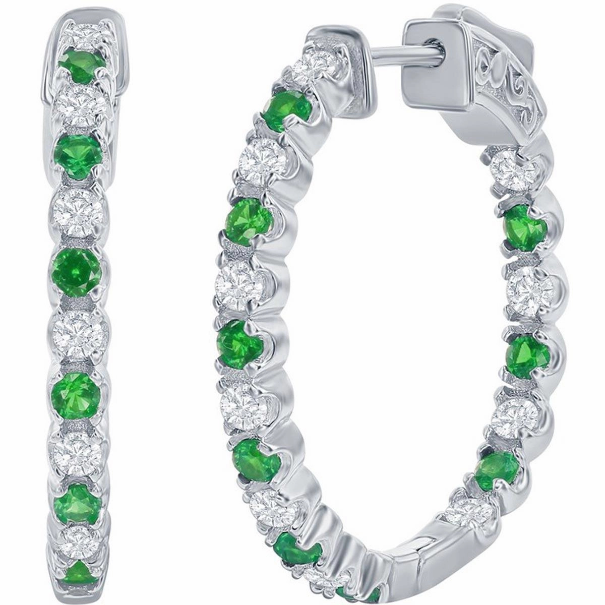Classic Women's Earrings - Silver 3x25mm Created Emerald and White Sapphire | D-7960