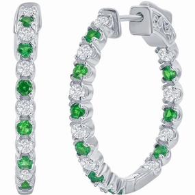 Classic Women's Earrings - Silver 3x25mm Created Emerald and White Sapphire | D-7960