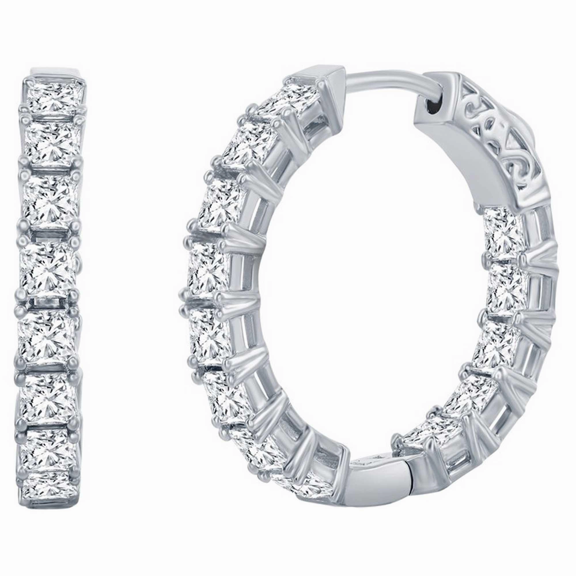 Classic Women's Earrings - Silver 3x25mm Square CZ Inside-Outside Hoop | D-7976