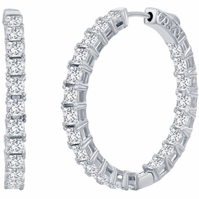 Classic Women's Earrings - Silver 3x35mm Square White CZ Inside Outside Hoop | D-7978