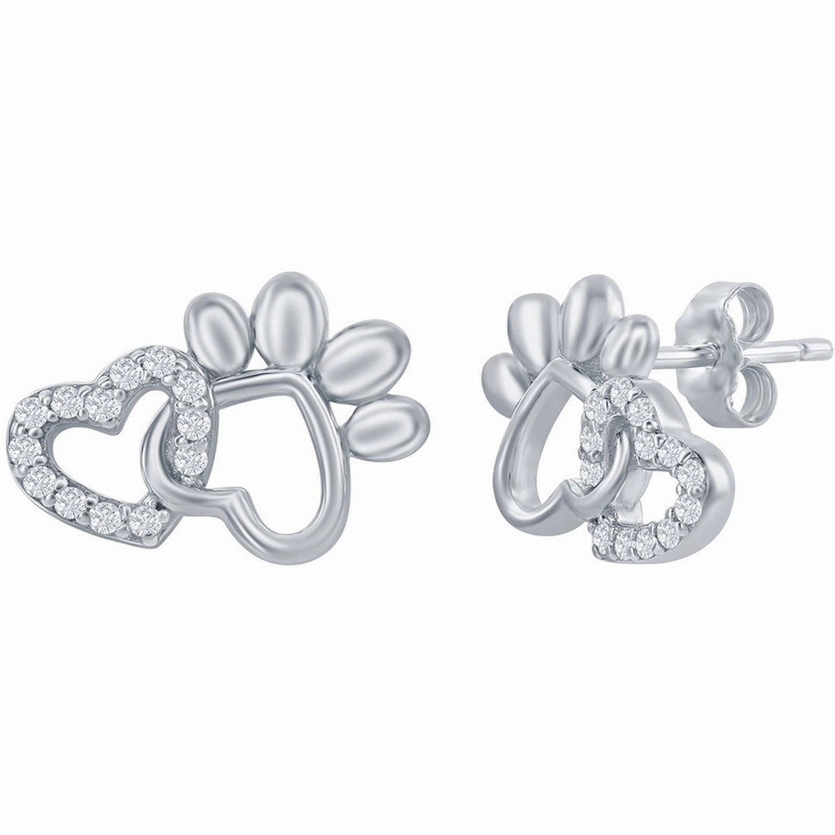 Classic Women's Earrings - Silver Heart and Paw White CZ Stone Stud Post Back | D-7928