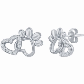 Classic Women's Earrings - Silver Heart and Paw White CZ Stone Stud Post Back | D-7928