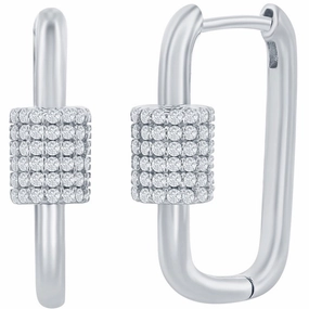 Classic Women's Earrings - Silver Micro Pave CZ Oval Carabiner Paperclip | D-7974