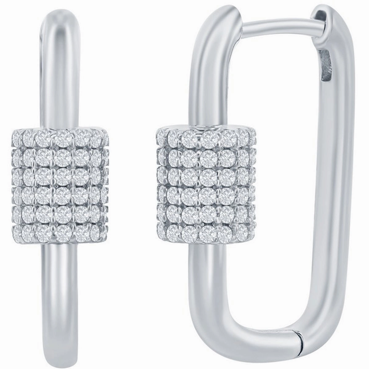 Classic Women's Earrings - Silver Micro Pave CZ Oval Carabiner Paperclip | D-7974