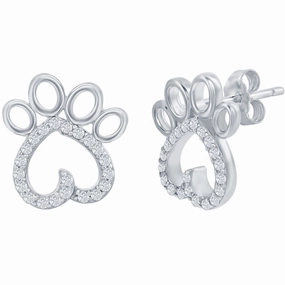 Classic Women's Earrings - Silver Paw Print White CZ Stud Post Back Closure | D-7925