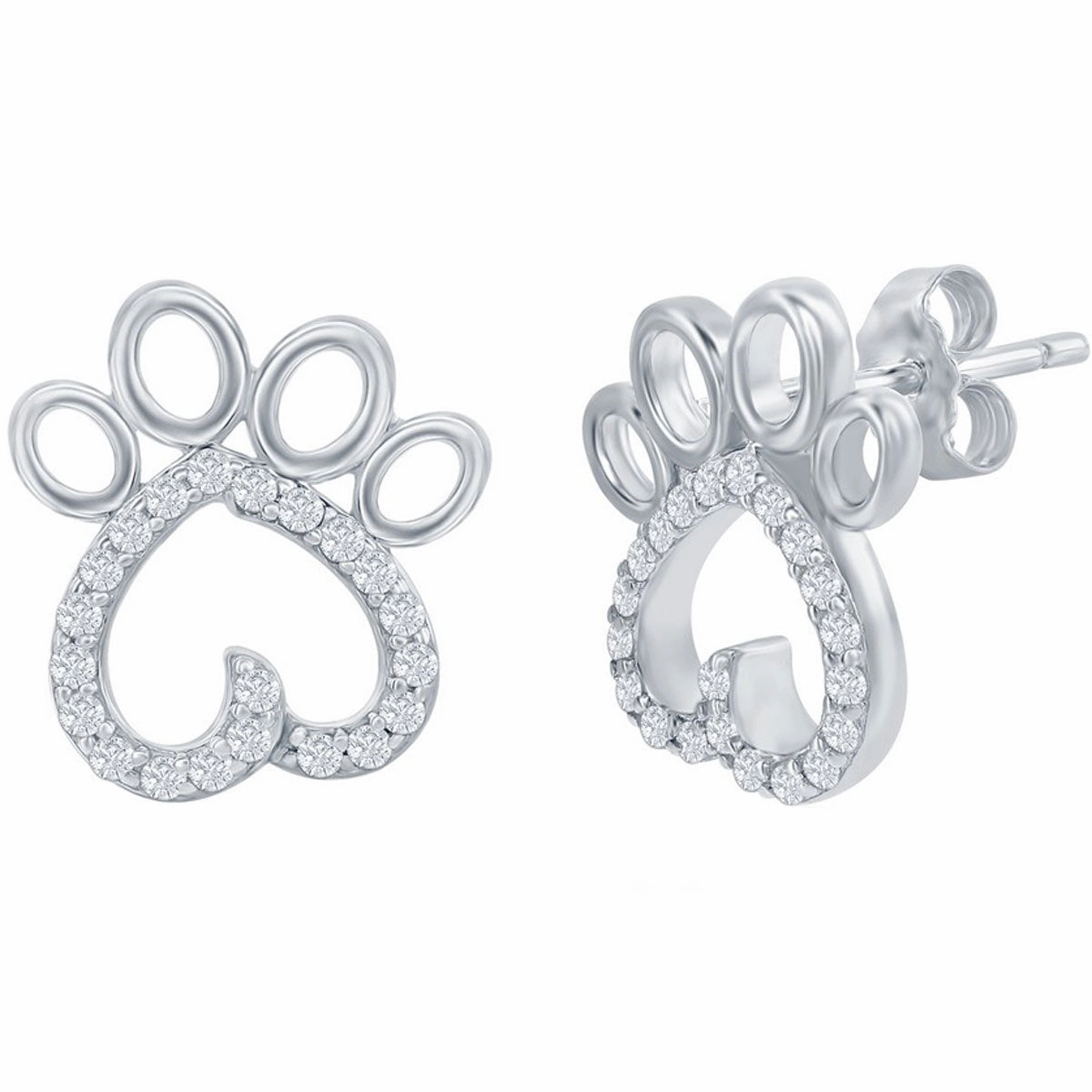 Classic Women's Earrings - Silver Paw Print White CZ Stud Post Back Closure | D-7925