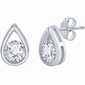 Classic Women's Earrings - Silver Pearshaped with Round White Topaz Stud | D-8162