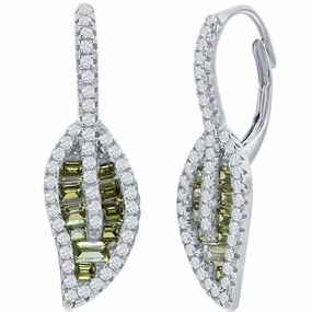Classic Women's Earrings - Silver Peridot Baguette and Round White CZ Leaf | D-8159