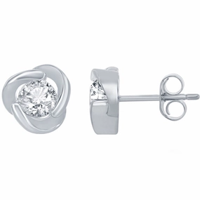 Classic Women's Earrings - Silver Round CZ Love Knot Stud Post Back Closure | D-7968