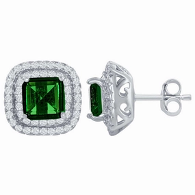 Classic Women's Earrings - SS Double CZ Square Border with Center Green CZ | D-6770