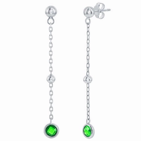 Classic Women's Earrings - Sterling Emerald Bezel-Set CZ and Bead Chain | D-8375