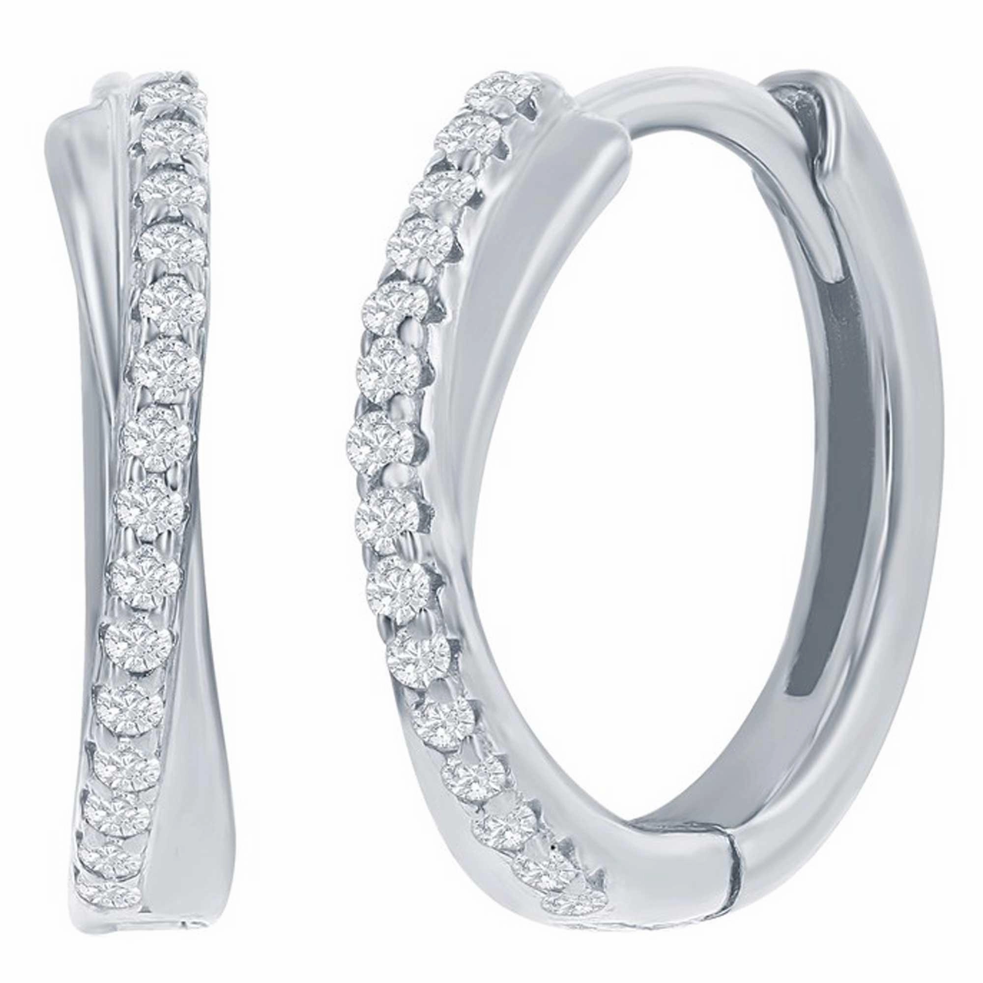Classic Women's Earrings - Sterling Silver 'X' Design CZ 15mm Huggie Hoop | D-8324