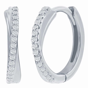Classic Women's Earrings - Sterling Silver 'X' Design CZ 15mm Huggie Hoop | D-8324