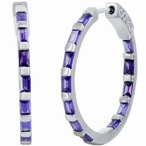 Classic Women's Earrings - Sterling Silver Amethyst CZ Baguette 25mm Hoop | D-8203