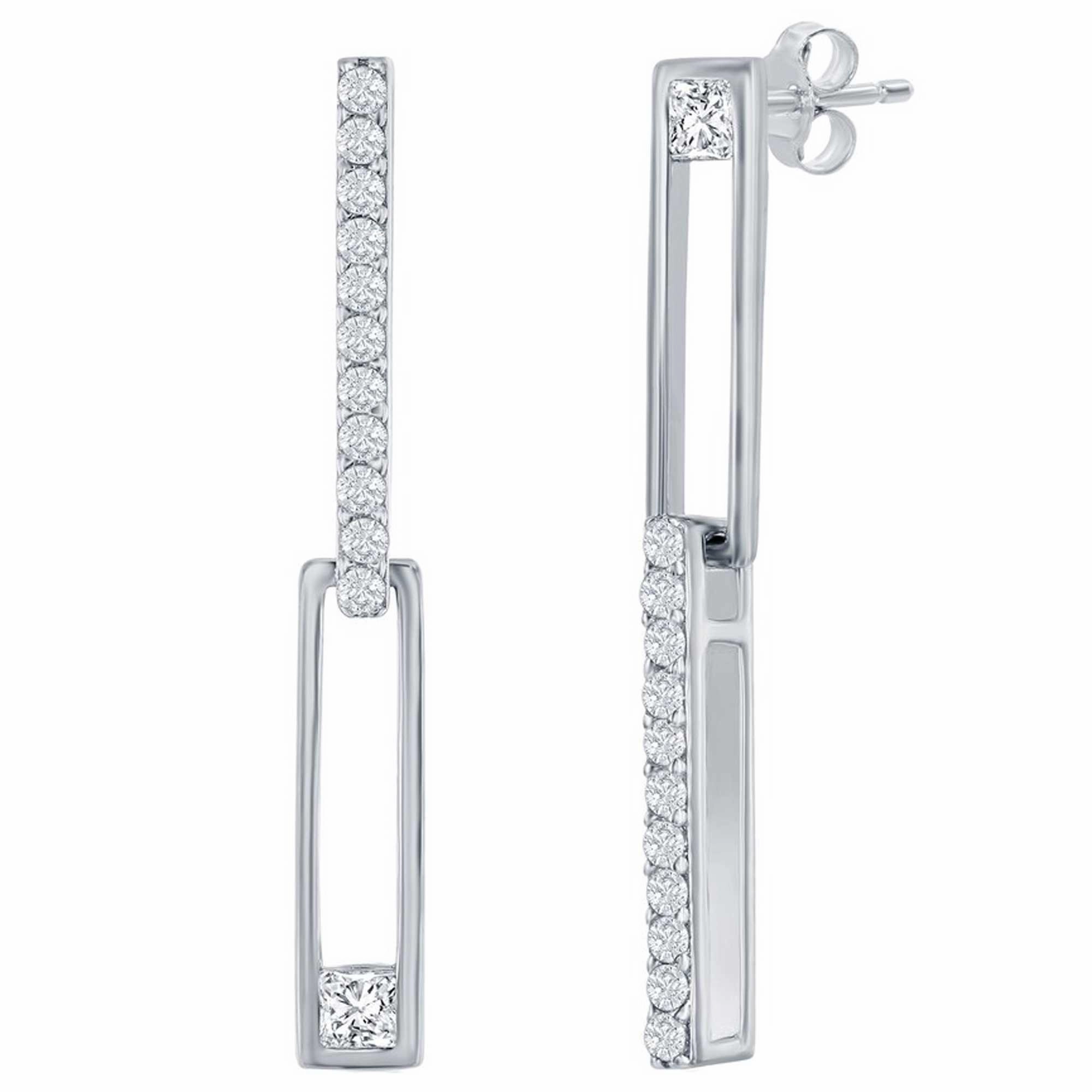 Classic Women's Earrings - Sterling Silver Asymmetric Paperclip CZ | D-8387