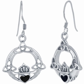 Classic Women's Earrings - Sterling Silver Black Onyx Heart Celtic Claddagh | D-8093