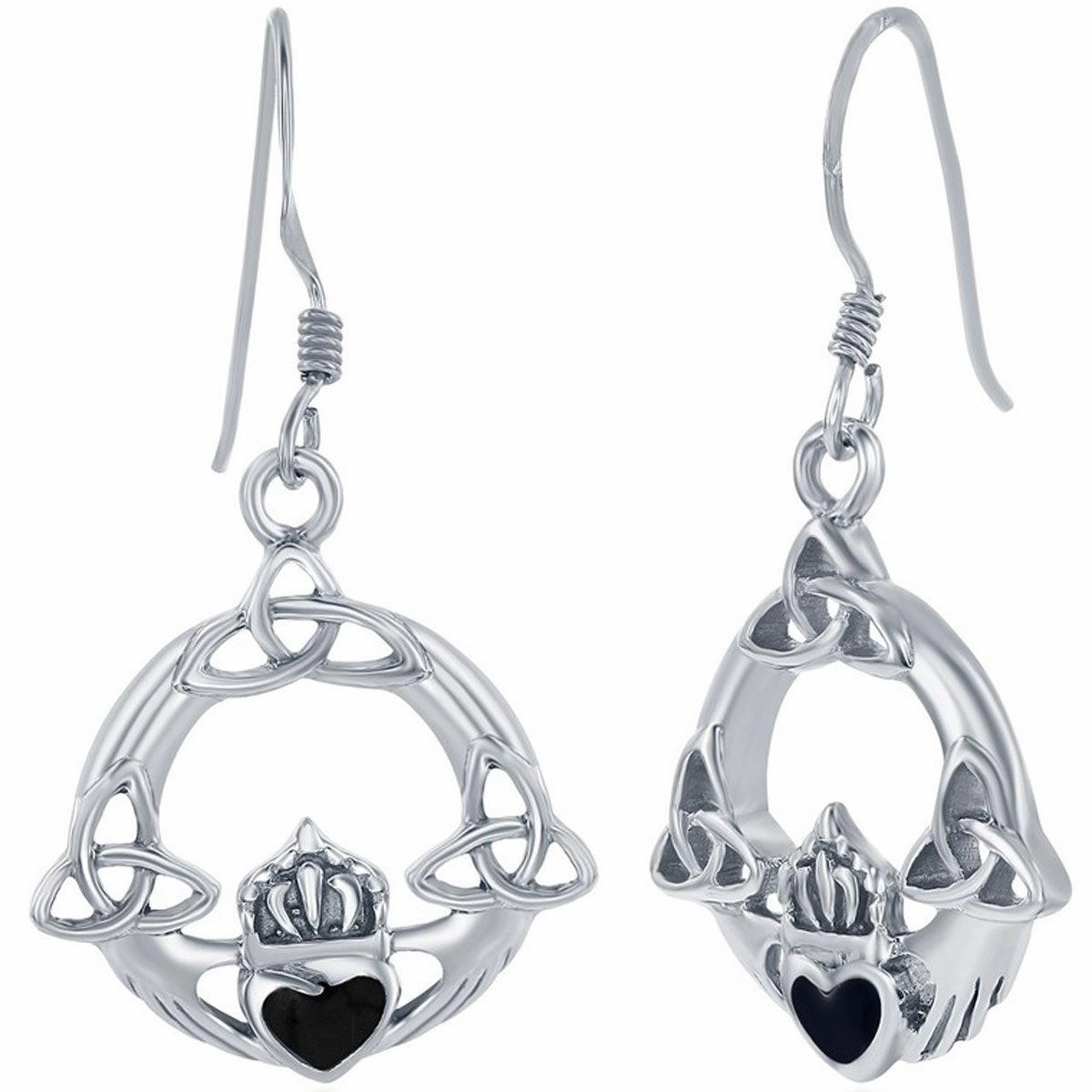 Classic Women's Earrings - Sterling Silver Black Onyx Heart Celtic Claddagh | D-8093