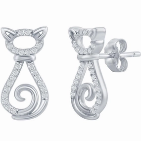 Classic Women's Earrings - Sterling Silver CZ Cat Stud Post Back Closure | D-7929