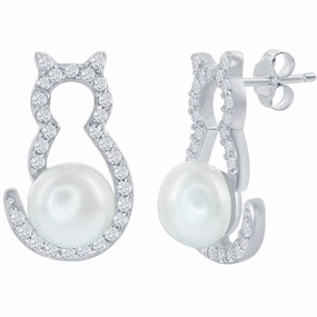 Classic Women's Earrings - Sterling Silver CZ Cat with Round White Pearl | D-7973