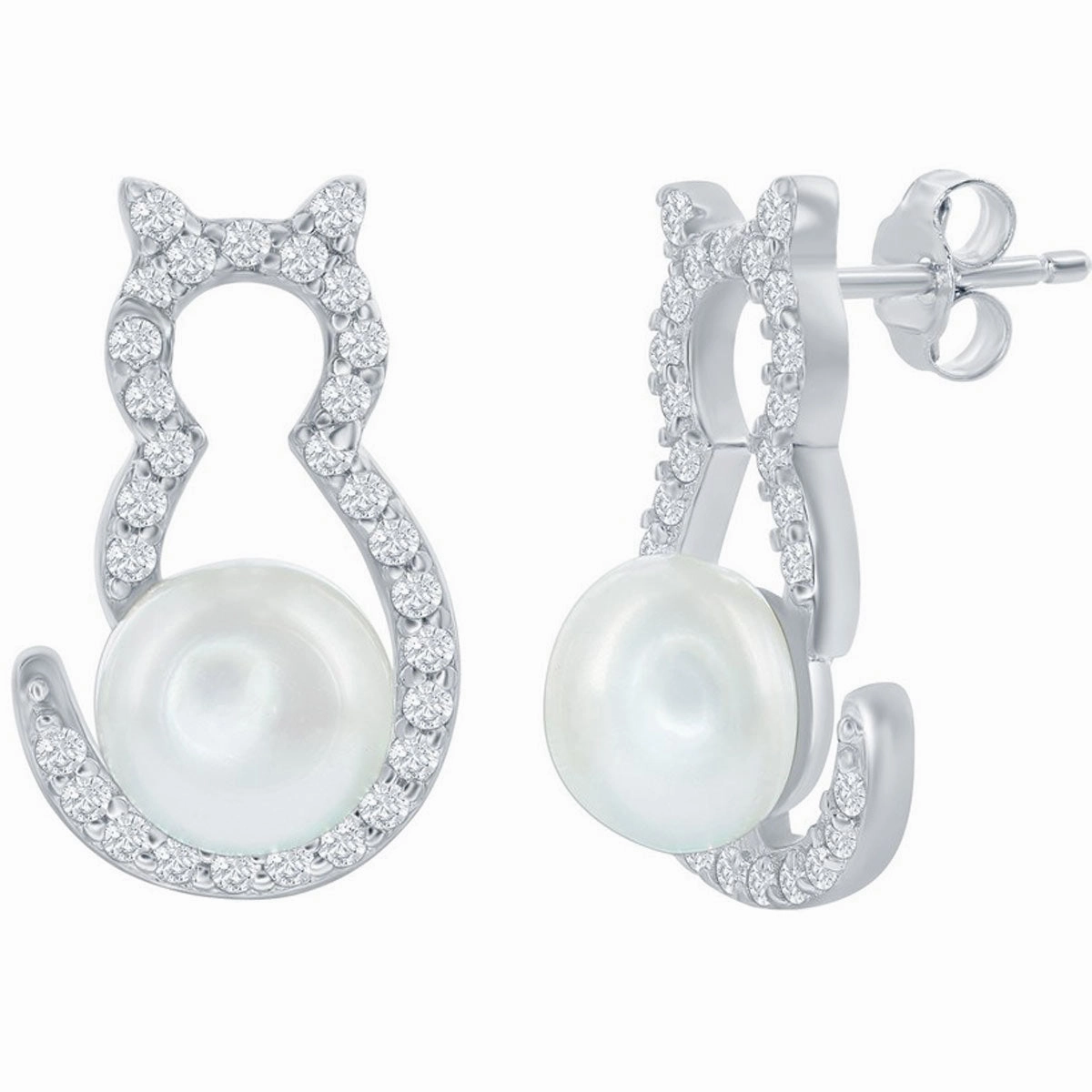 Classic Women's Earrings - Sterling Silver CZ Cat with Round White Pearl | D-7973
