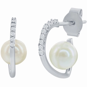Classic Women's Earrings - Sterling Silver CZ Half Heart with Round White FWP | D-8128
