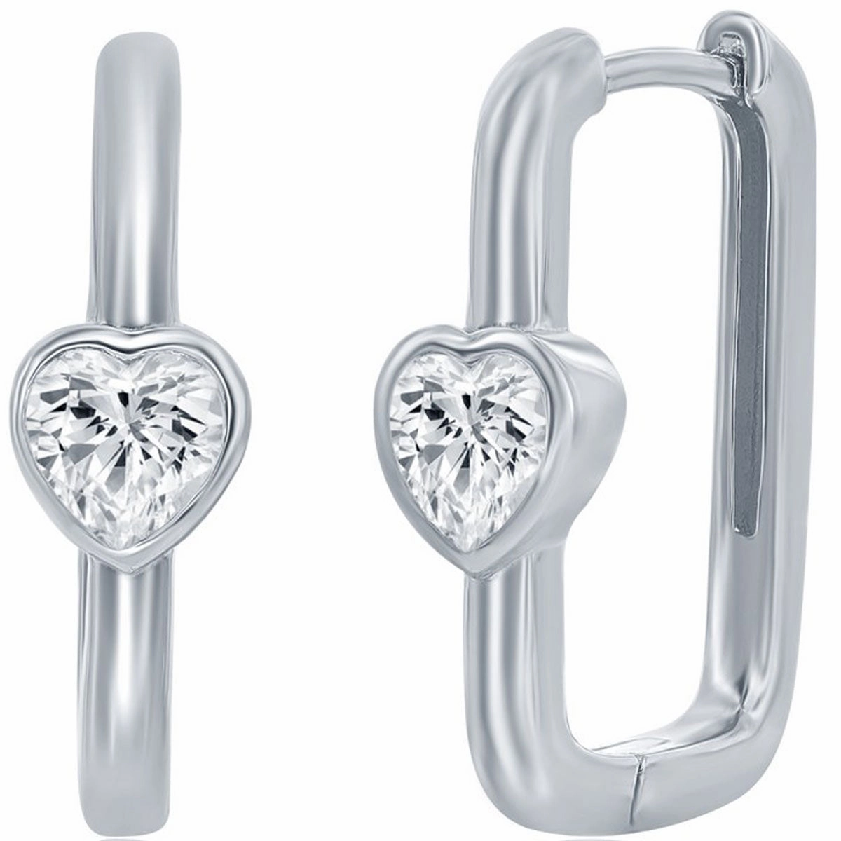 Classic Women's Earrings - Sterling Silver CZ Heart Shaped Rectangle Hinged | D-8216