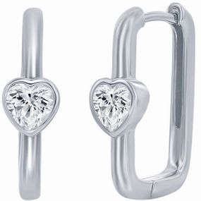 Classic Women's Earrings - Sterling Silver CZ Heart Shaped Rectangle Hinged | D-8216