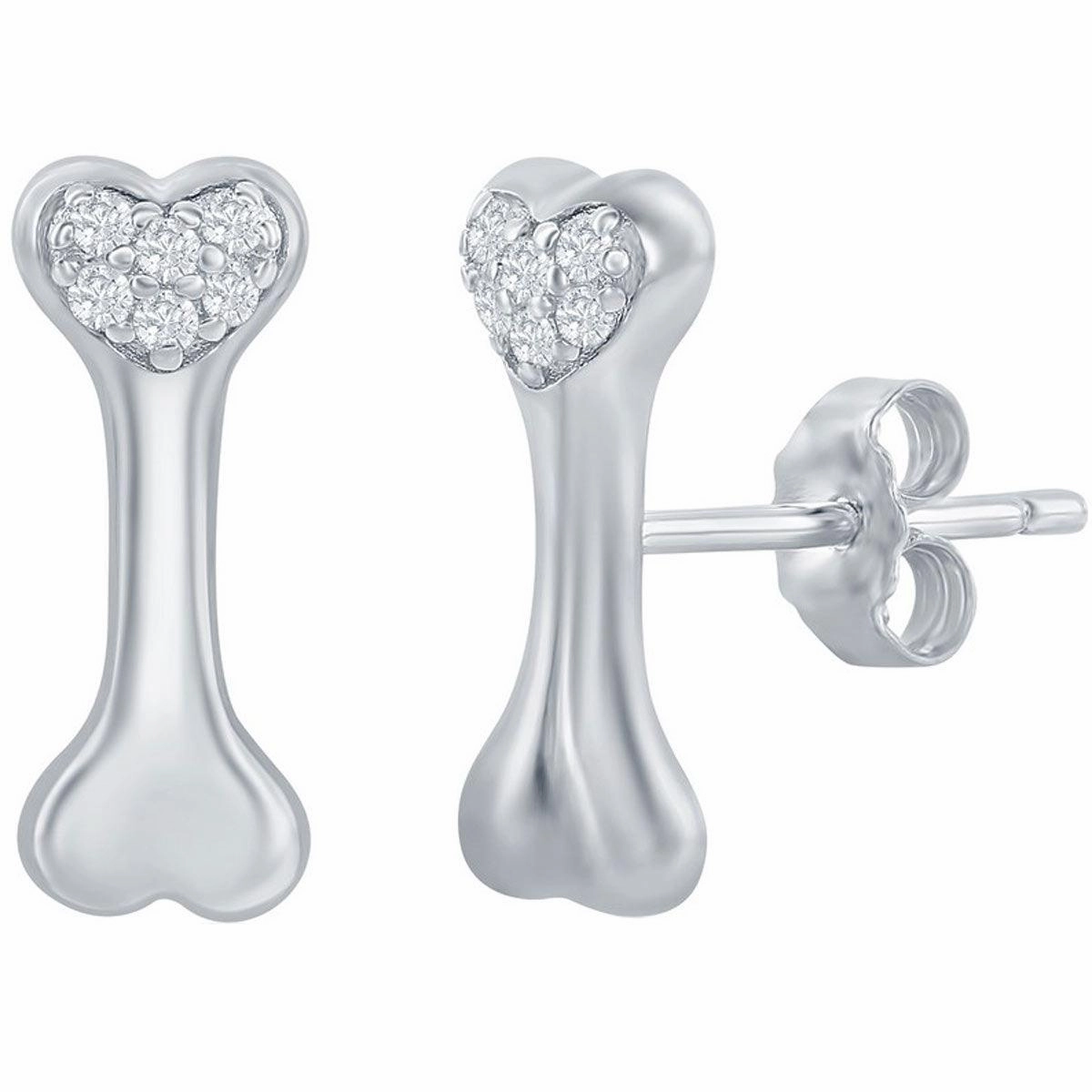 Classic Women's Earrings - Sterling Silver Dog Bone White CZ Stud Post Back | D-7927