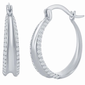 Classic Women's Earrings - Sterling Silver Double CZ Hoop Hinged Closure | D-7849
