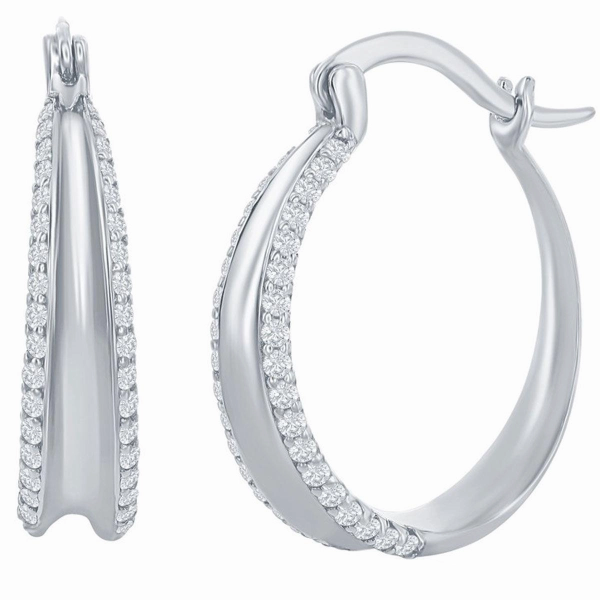 Classic Women's Earrings - Sterling Silver Double CZ Hoop Hinged Closure | D-7849