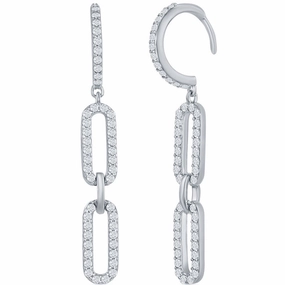 Classic Women's Earrings - Sterling Silver Double Link White CZ Paperclip | D-7816