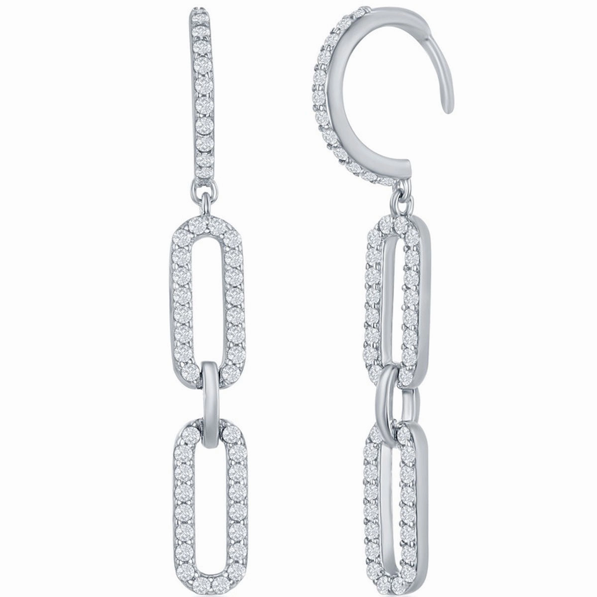 Classic Women's Earrings - Sterling Silver Double Link White CZ Paperclip | D-7816
