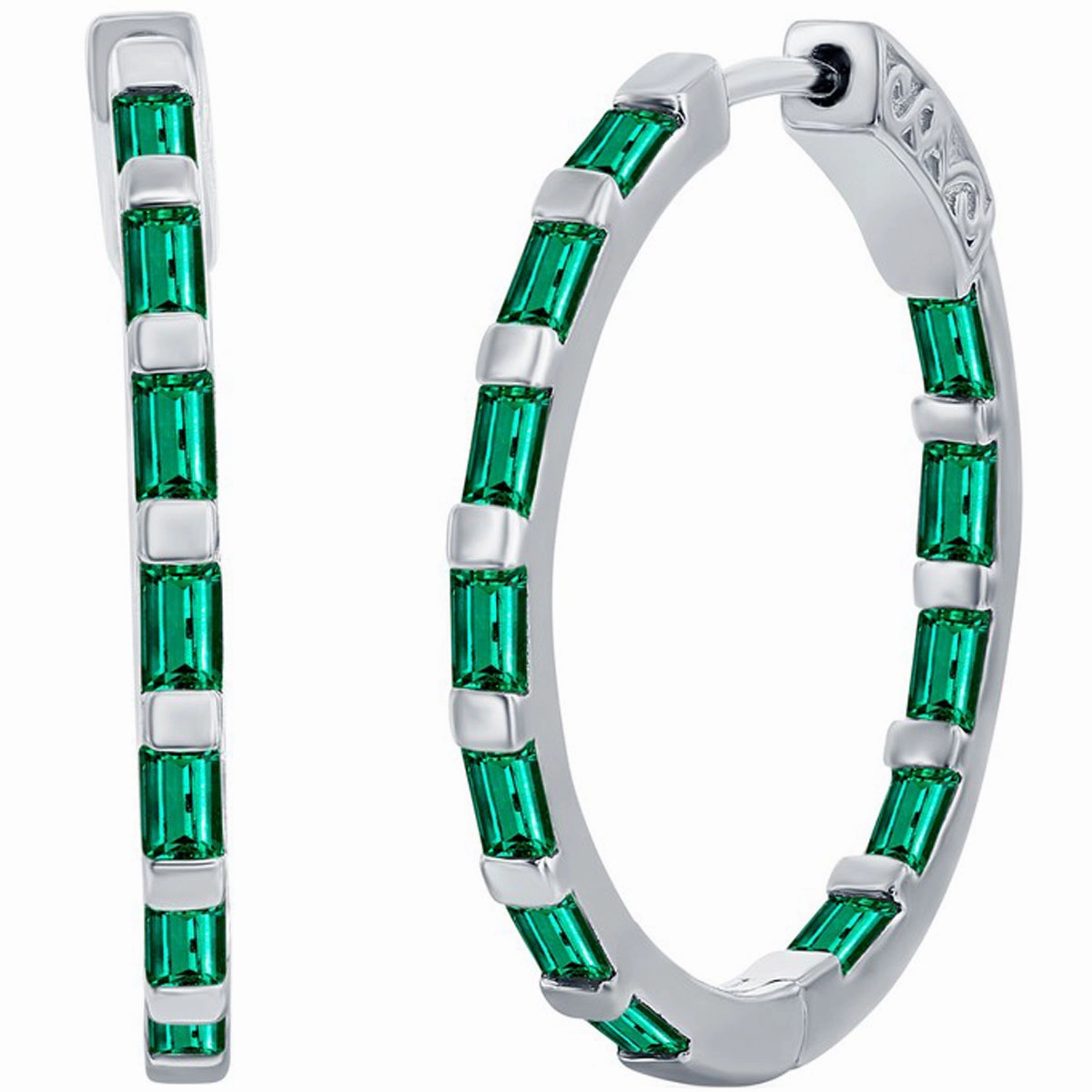 Classic Women's Earrings - Sterling Silver Emerald CZ Baguette CZ 25mm Hoop | D-8202
