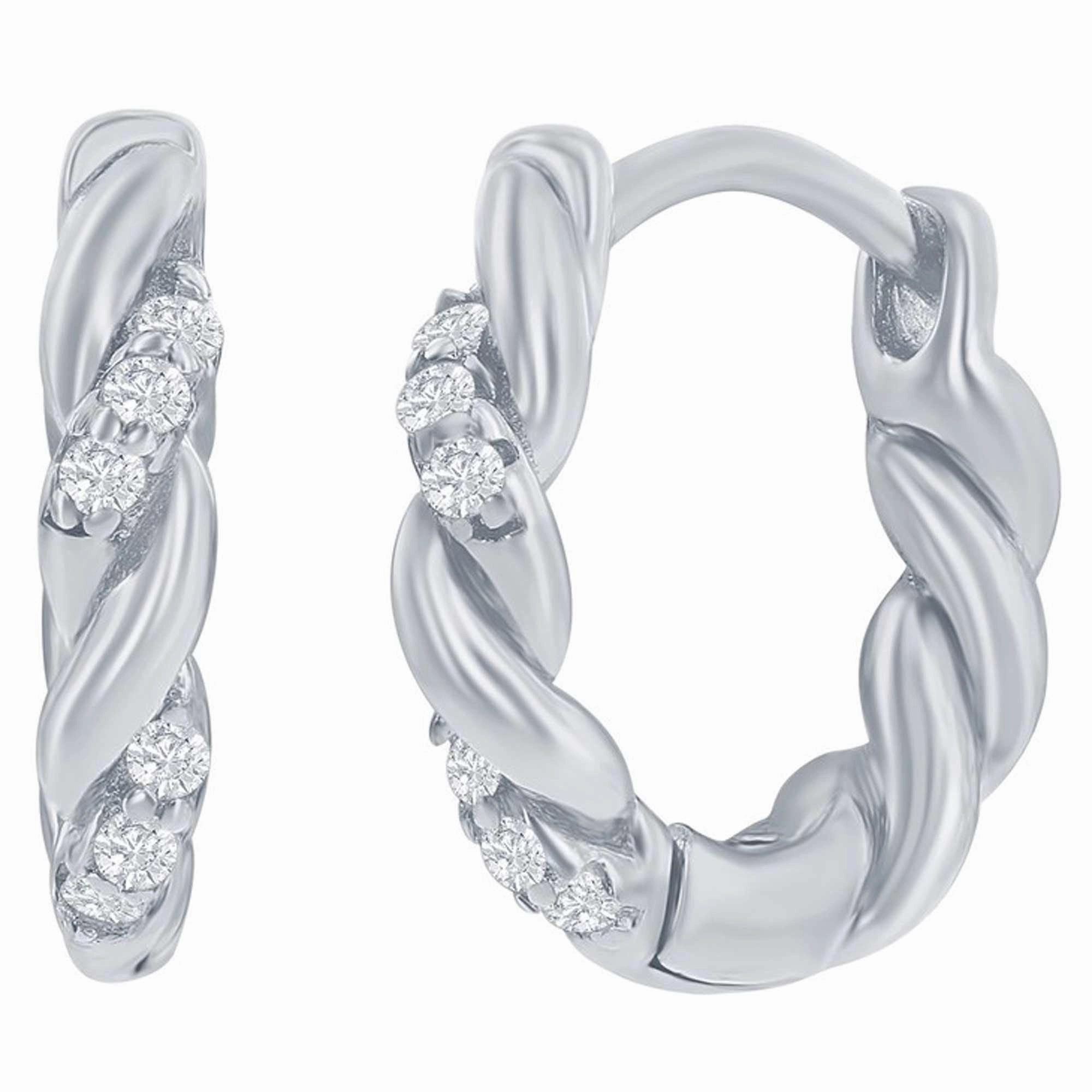 Classic Women's Earrings - Sterling Silver Intertwined CZ 13mm Huggie Hoop | D-8323