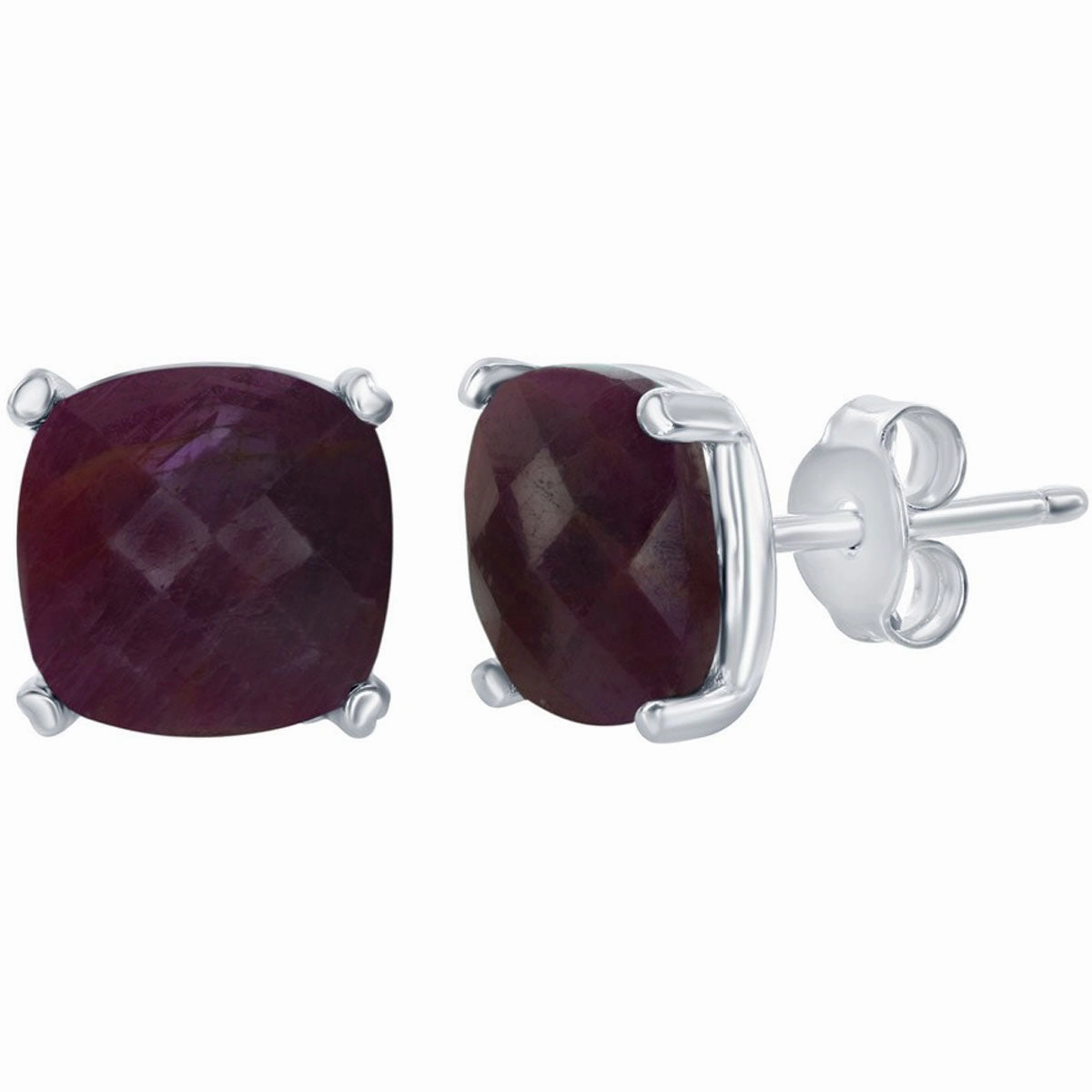 Classic Women's Earrings - Sterling Silver July Birthstone Ruby Square Stud | D-6820