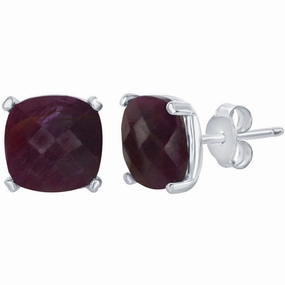Classic Women's Earrings - Sterling Silver July Birthstone Ruby Square Stud | D-6820