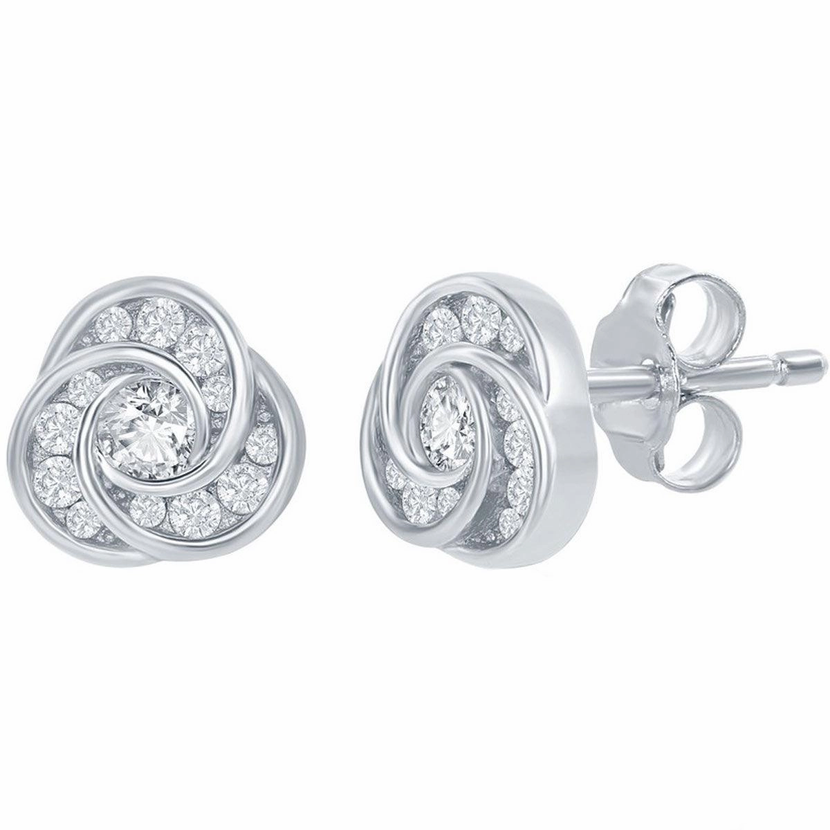 Classic Women's Earrings - Sterling Silver Love Knot Design White CZ Stud | D-7881