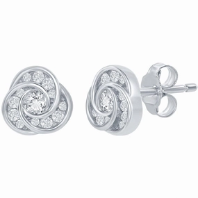 Classic Women's Earrings - Sterling Silver Love Knot Design White CZ Stud | D-7881