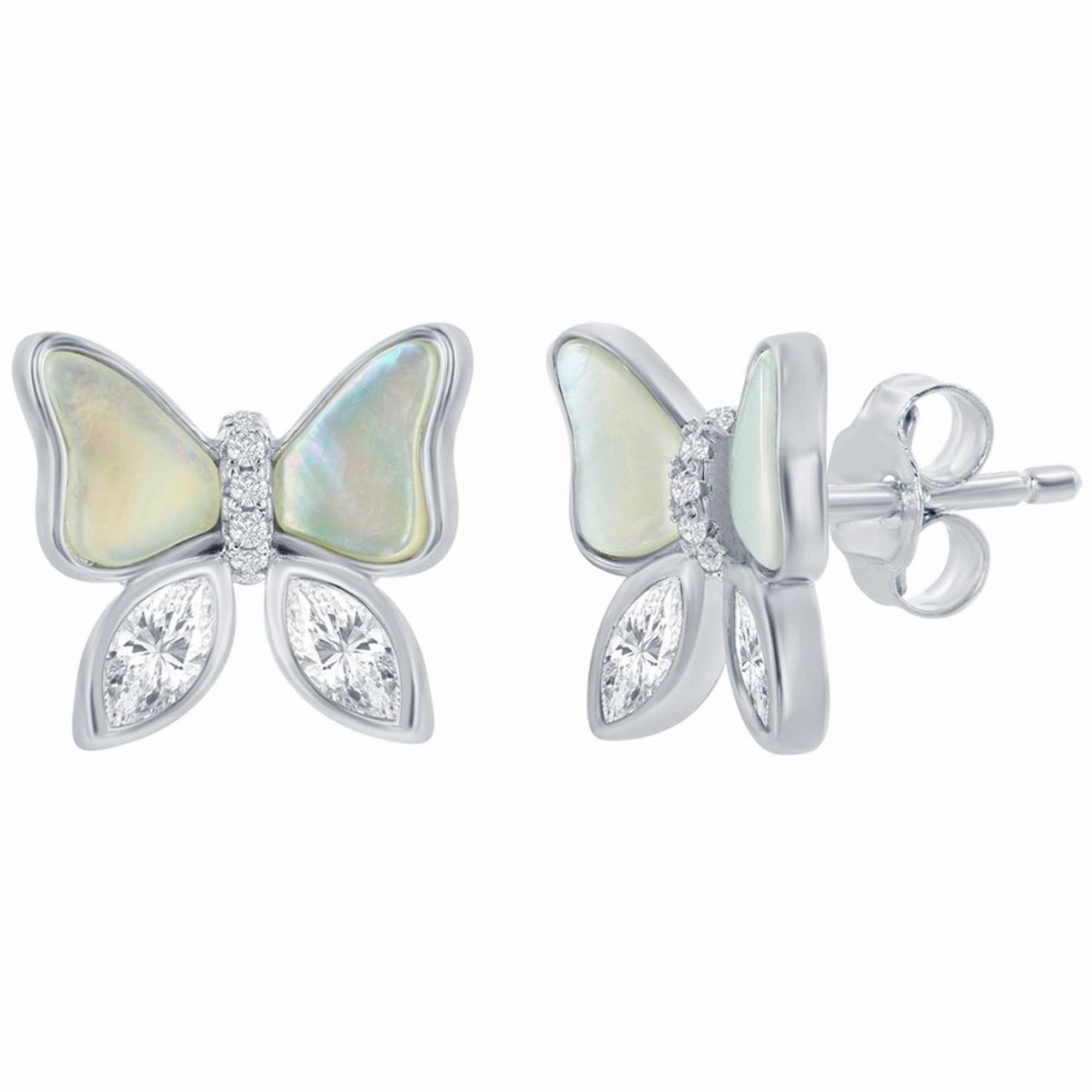 Classic Women's Earrings - Sterling Silver MOP and CZ Butterfly Stud | D-8385