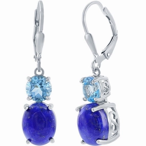 Classic Women's Earrings - Sterling Silver Oval Lapis and Round Blue Topaz | D-8112