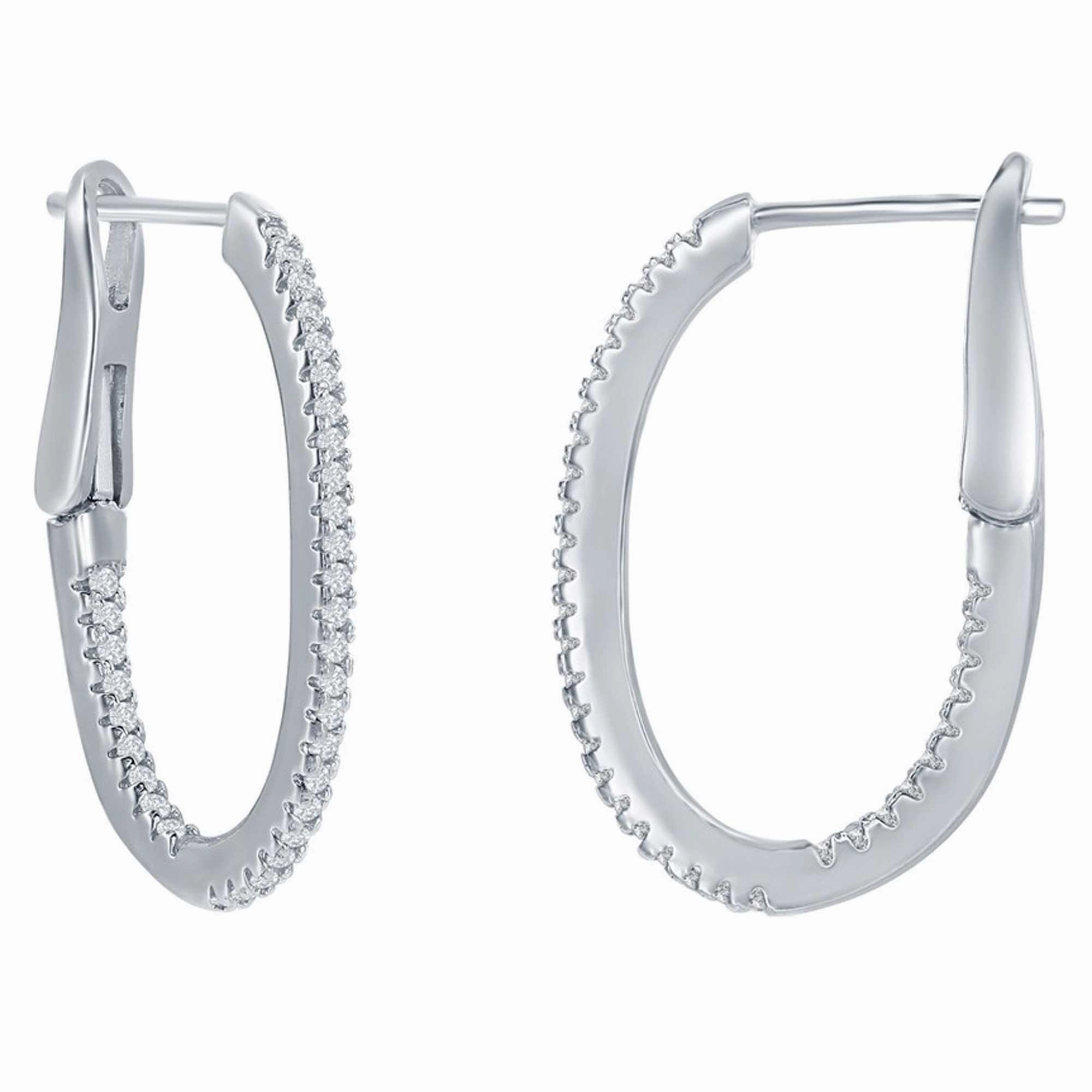 Classic Women's Earrings - Sterling Silver Oval Ultra-Thin 25mm Hoop CZ | D-7893