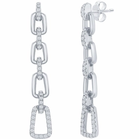 Classic Women's Earrings - Sterling Silver Paperclip Design White CZ Long | D-7910