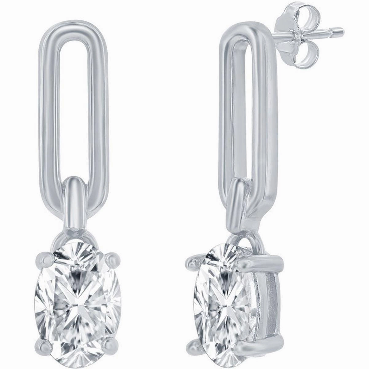 Classic Women's Earrings - Sterling Silver Paperclip Oval White CZ Post Back | D-8257